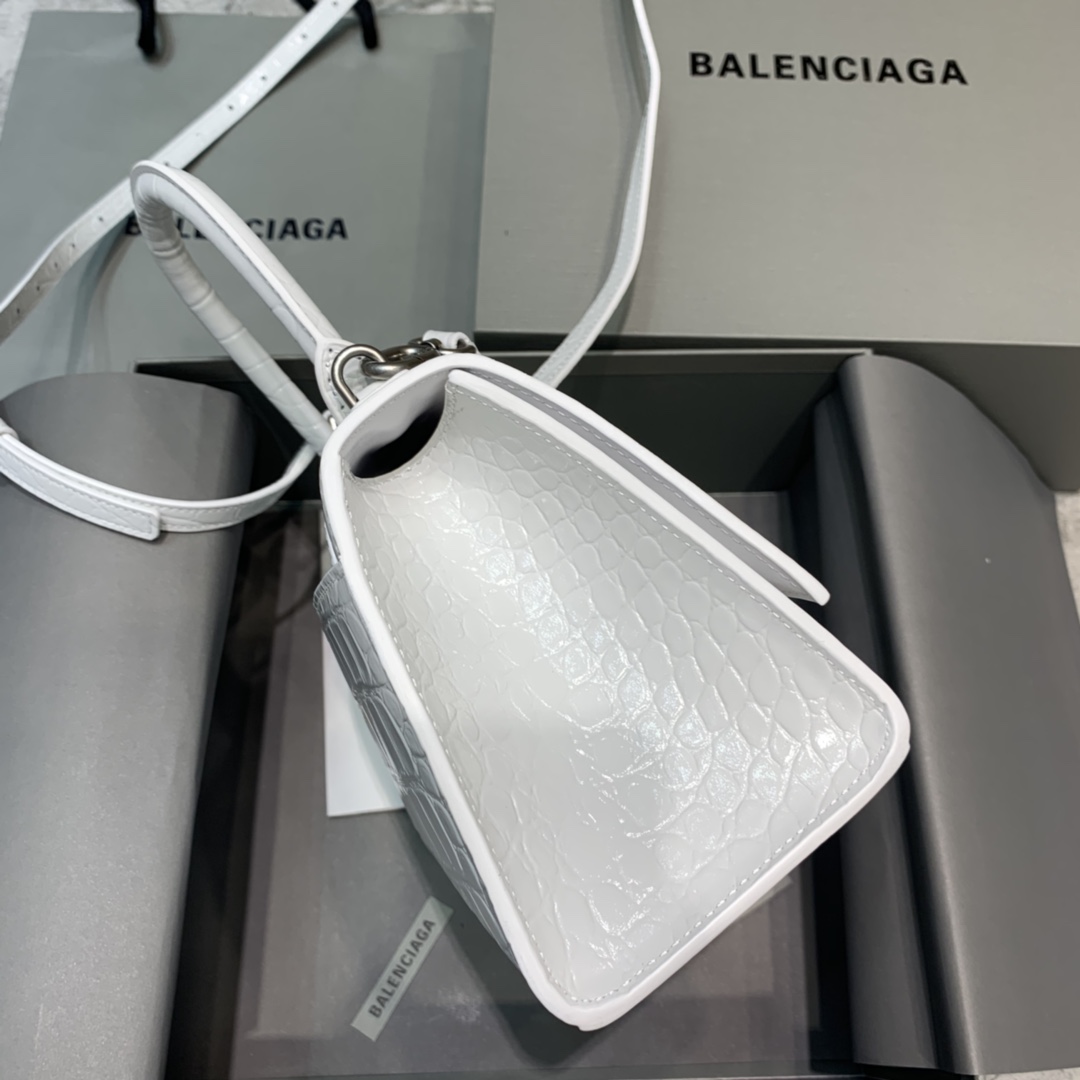 Balenciaga Hourglass Small Handbag Crocodile Embossed Shoulder Bag White